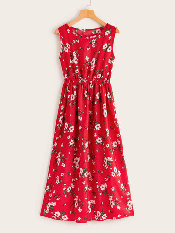 Shirred Waist Floral Midi Dress