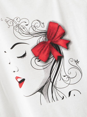 Figure Print Asymmetrical Shoulder Letter Taped Tee