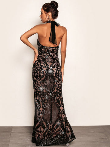 Joyfunear Split Hem Backless Halter Sequin Maxi Dress