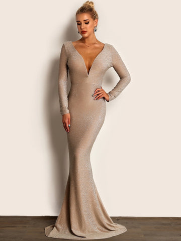 Joyfunear Plunge Neck Backless Glitter Bodycon Maxi Dress