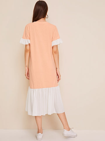 Cartoon Print Colourblock Ruffle Hem Tee Dress