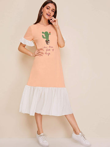 Cartoon Print Colourblock Ruffle Hem Tee Dress