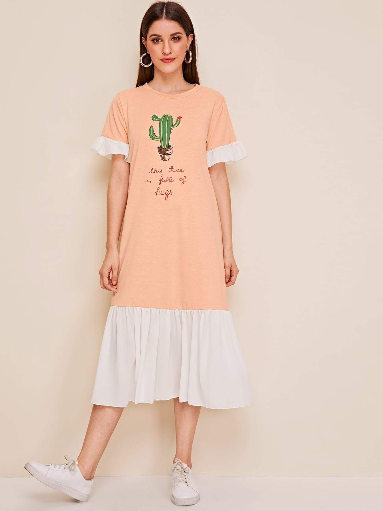 Cartoon Print Colourblock Ruffle Hem Tee Dress