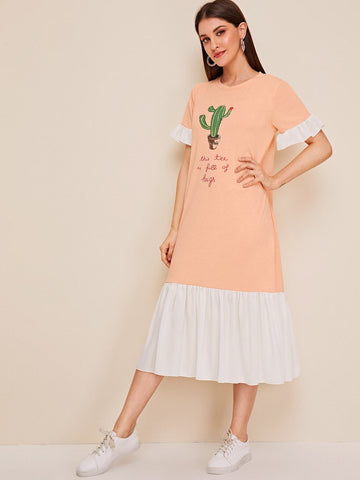 Cartoon Print Colourblock Ruffle Hem Tee Dress