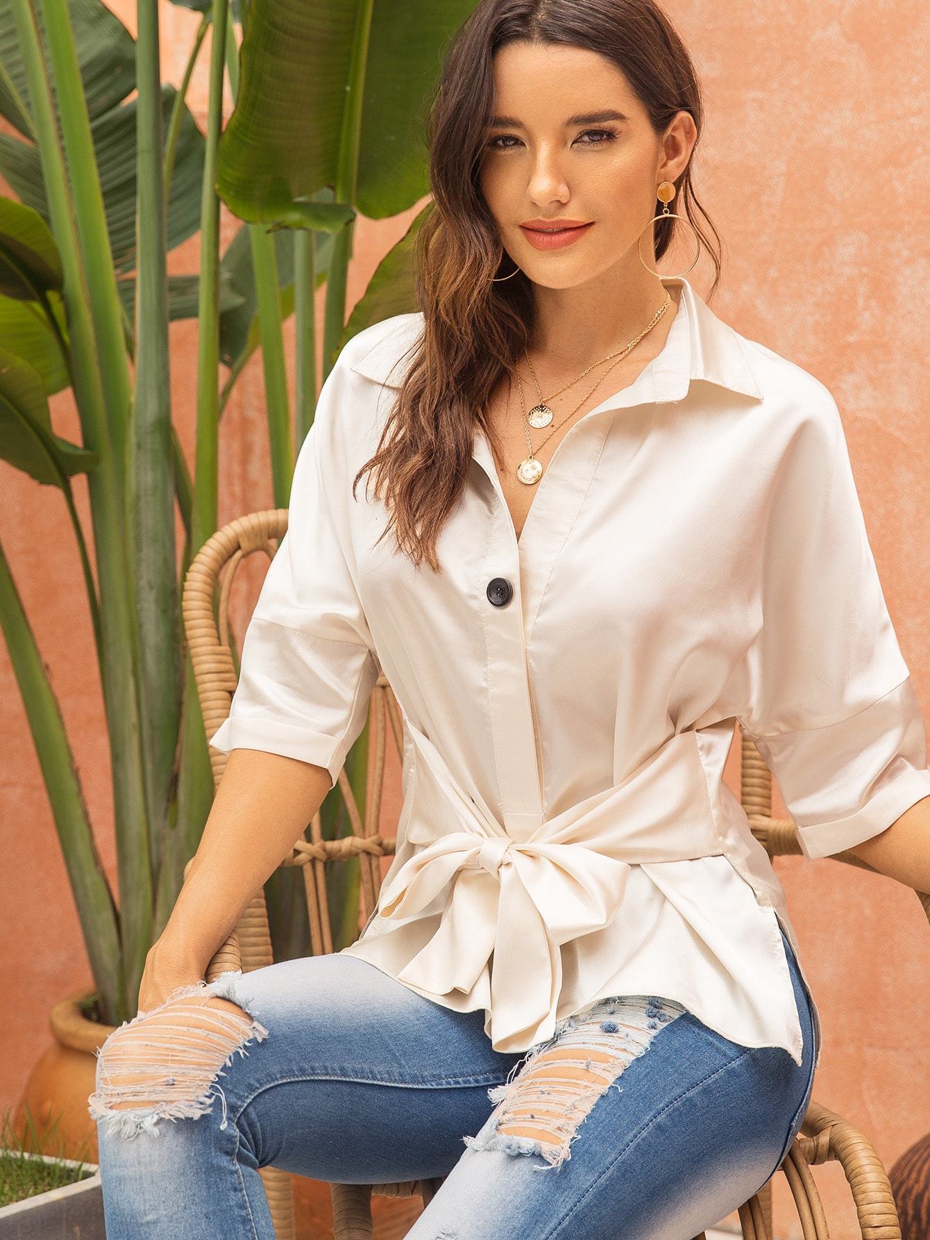 Single Button Solid Tie Front Blouse