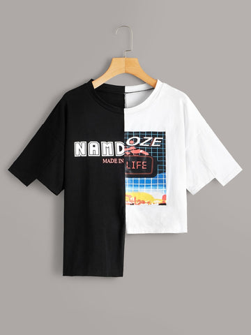 Letter Graphic Spliced Asymmetric Hem Tee