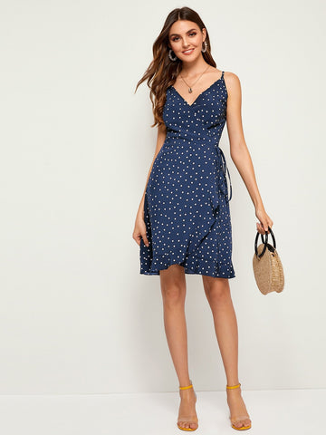 Polka Dot Wrap Self Tie Cami Dress