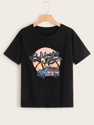 Letter And Car Graphic Tee