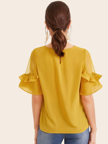 Solid Mesh Insert Ruffle Trim Blouse