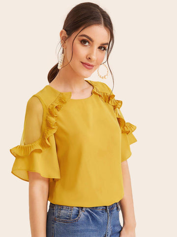 Solid Mesh Insert Ruffle Trim Blouse