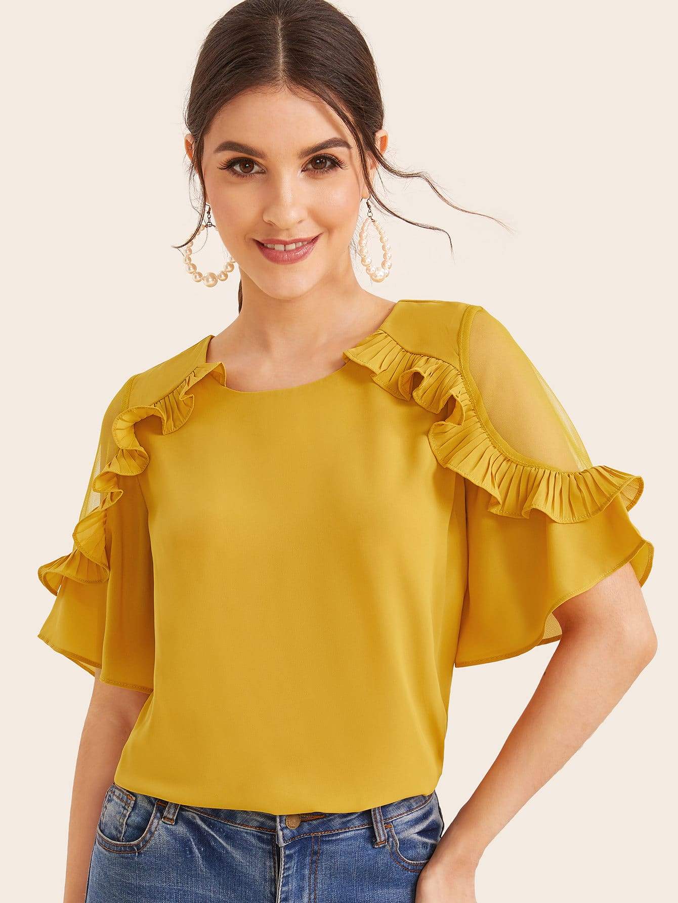 Solid Mesh Insert Ruffle Trim Blouse