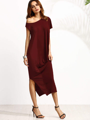 Solid Oblique Neck Split Side Dress