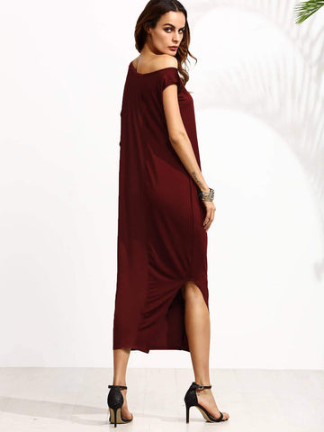 Solid Oblique Neck Split Side Dress