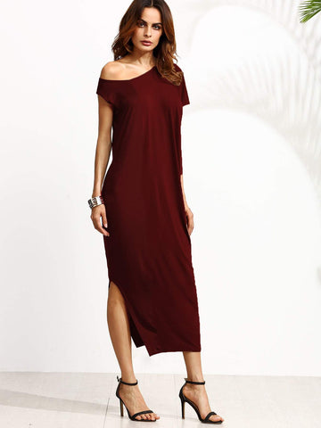 Solid Oblique Neck Split Side Dress