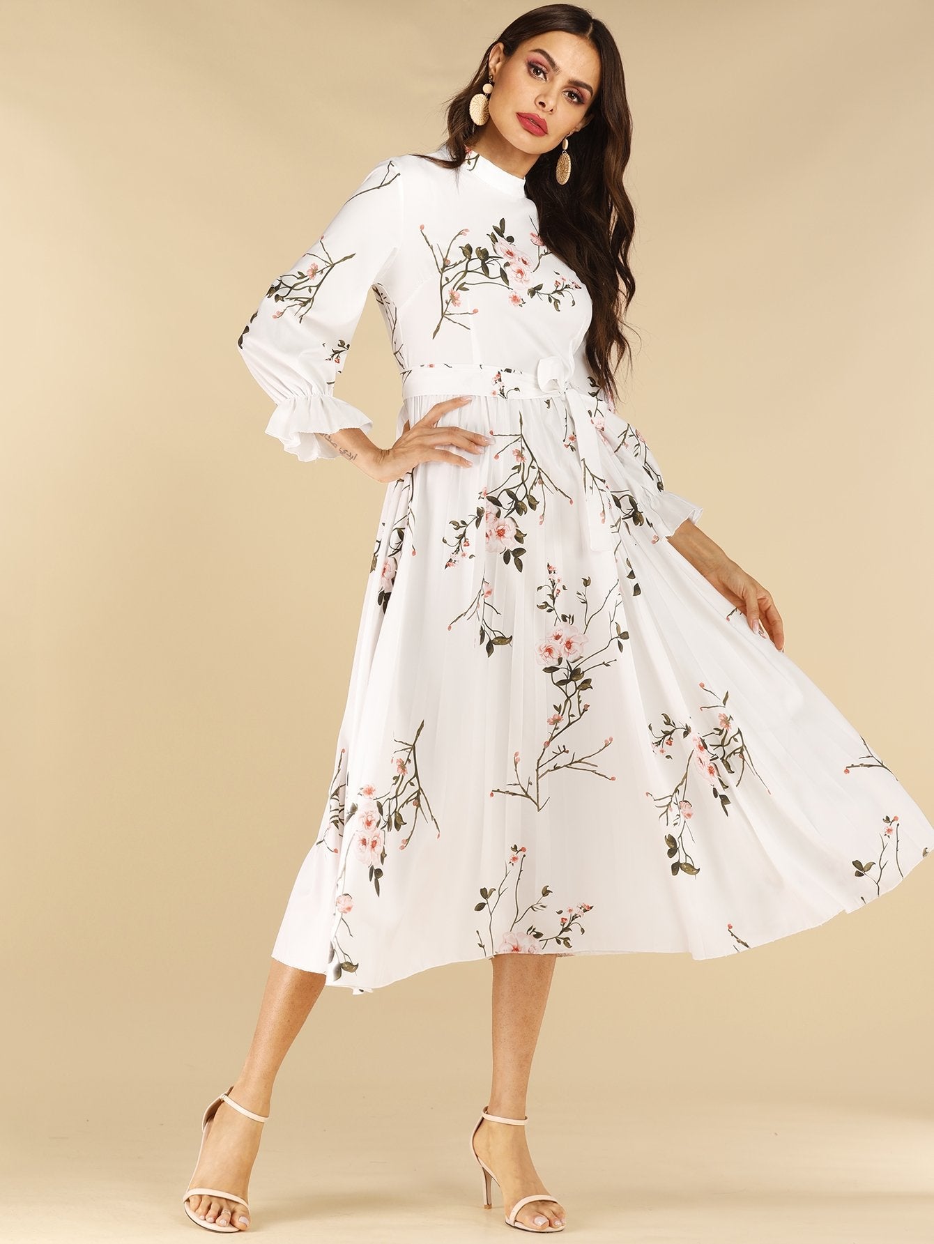 Floral Print Pleated Hem Belted Dress