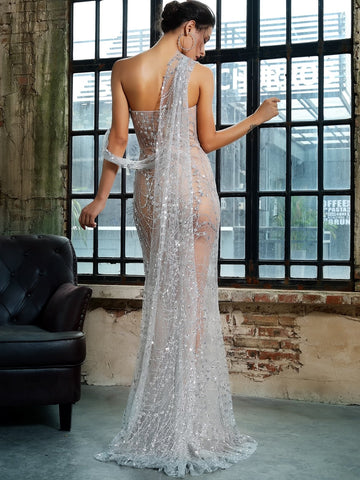 LOVE&LEMONADE Split Thigh Sheer Maxi Sequin Mesh Dress