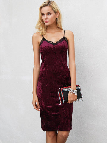 Simplee Lace Trim Velvet Bodycon Slip Dress