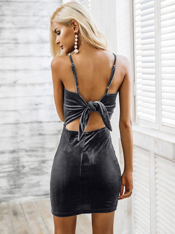 Simplee Tie Back M-slit Hem Bodycon Velvet Slip Dress