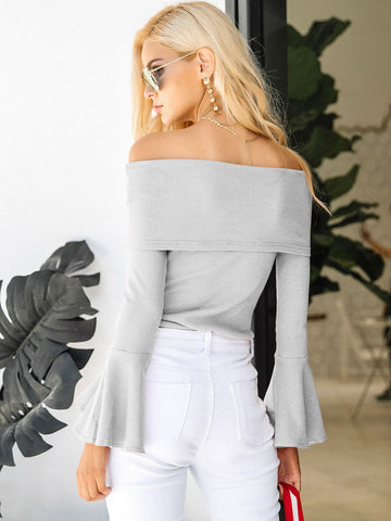 Simplee Off Shoulder Flounce Sleeve Knit Top