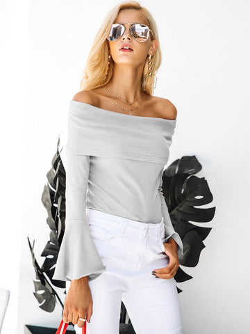 Simplee Off Shoulder Flounce Sleeve Knit Top