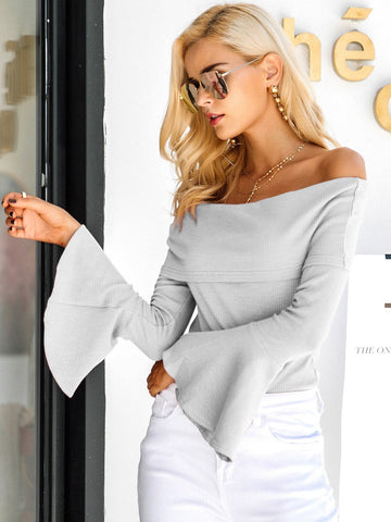 Simplee Off Shoulder Flounce Sleeve Knit Top