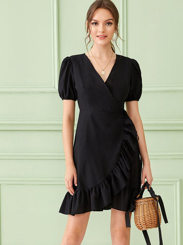 Surplice Ruffle Asymmetrical Hem Puff Sleeve Dress