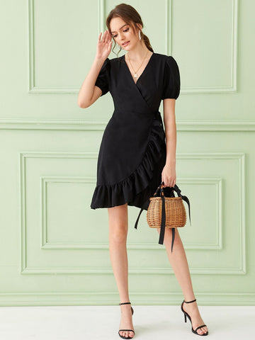 Surplice Ruffle Asymmetrical Hem Puff Sleeve Dress