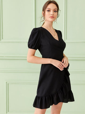 Surplice Ruffle Asymmetrical Hem Puff Sleeve Dress