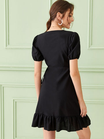 Surplice Ruffle Asymmetrical Hem Puff Sleeve Dress