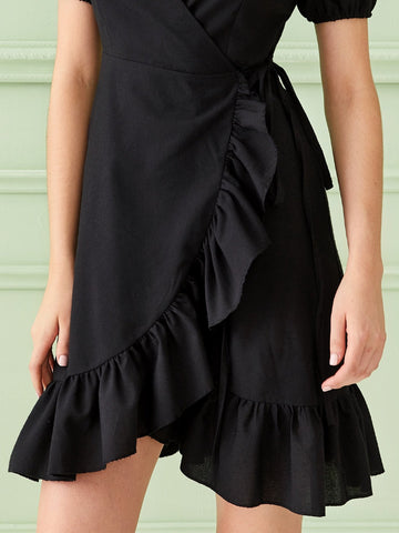 Surplice Ruffle Asymmetrical Hem Puff Sleeve Dress