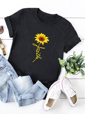Sunflower Print Round Neck Tee