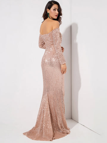 LOVE&LEMONADE Off Shoulder Sweetheart Neck Sequin Maxi Dress