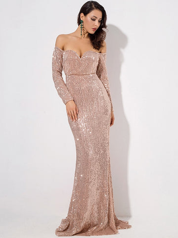 LOVE&LEMONADE Off Shoulder Sweetheart Neck Sequin Maxi Dress