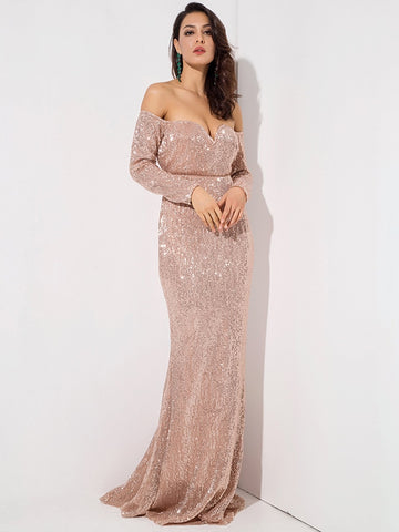 LOVE&LEMONADE Off Shoulder Sweetheart Neck Sequin Maxi Dress