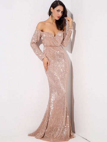 LOVE&LEMONADE Off Shoulder Sweetheart Neck Sequin Maxi Dress