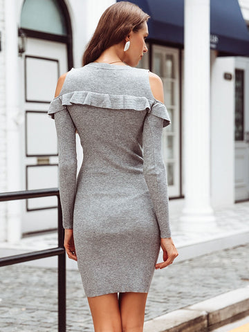Simplee Cold Shoulder Ruffle Trim Bodycon Jumper Dress