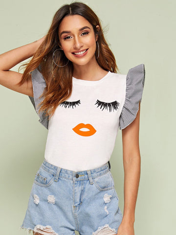 Figure Print Gingham Ruffle Sleeve Tee