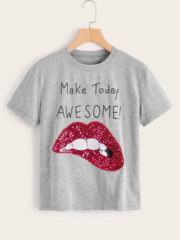 Contrast Sequin Lip Slogan Graphic Tee