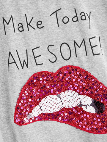 Contrast Sequin Lip Slogan Graphic Tee
