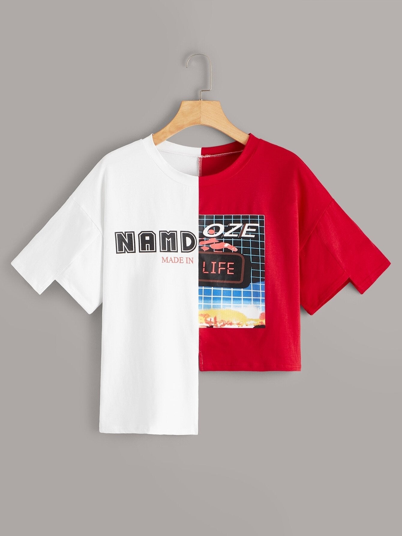 Letter Graphic Spliced Asymmetric Hem Tee