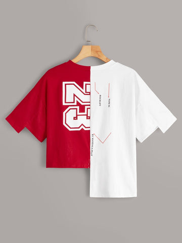 Letter Graphic Spliced Asymmetric Hem Tee