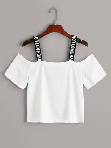Letter Print Tape Cold Shoulder Tee