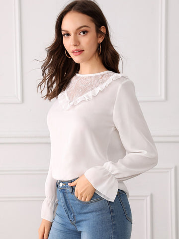 Contrast Lace Frill Trim Flounce Sleeve Blouse
