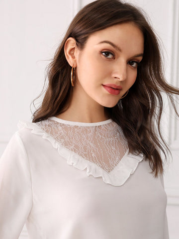 Contrast Lace Frill Trim Flounce Sleeve Blouse