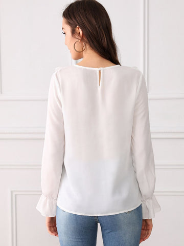 Contrast Lace Frill Trim Flounce Sleeve Blouse