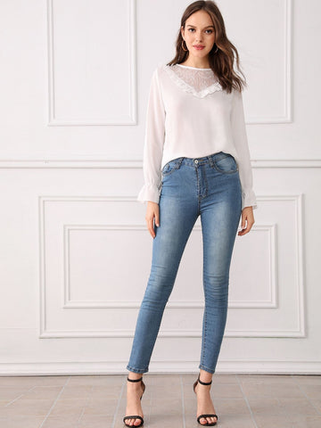 Contrast Lace Frill Trim Flounce Sleeve Blouse