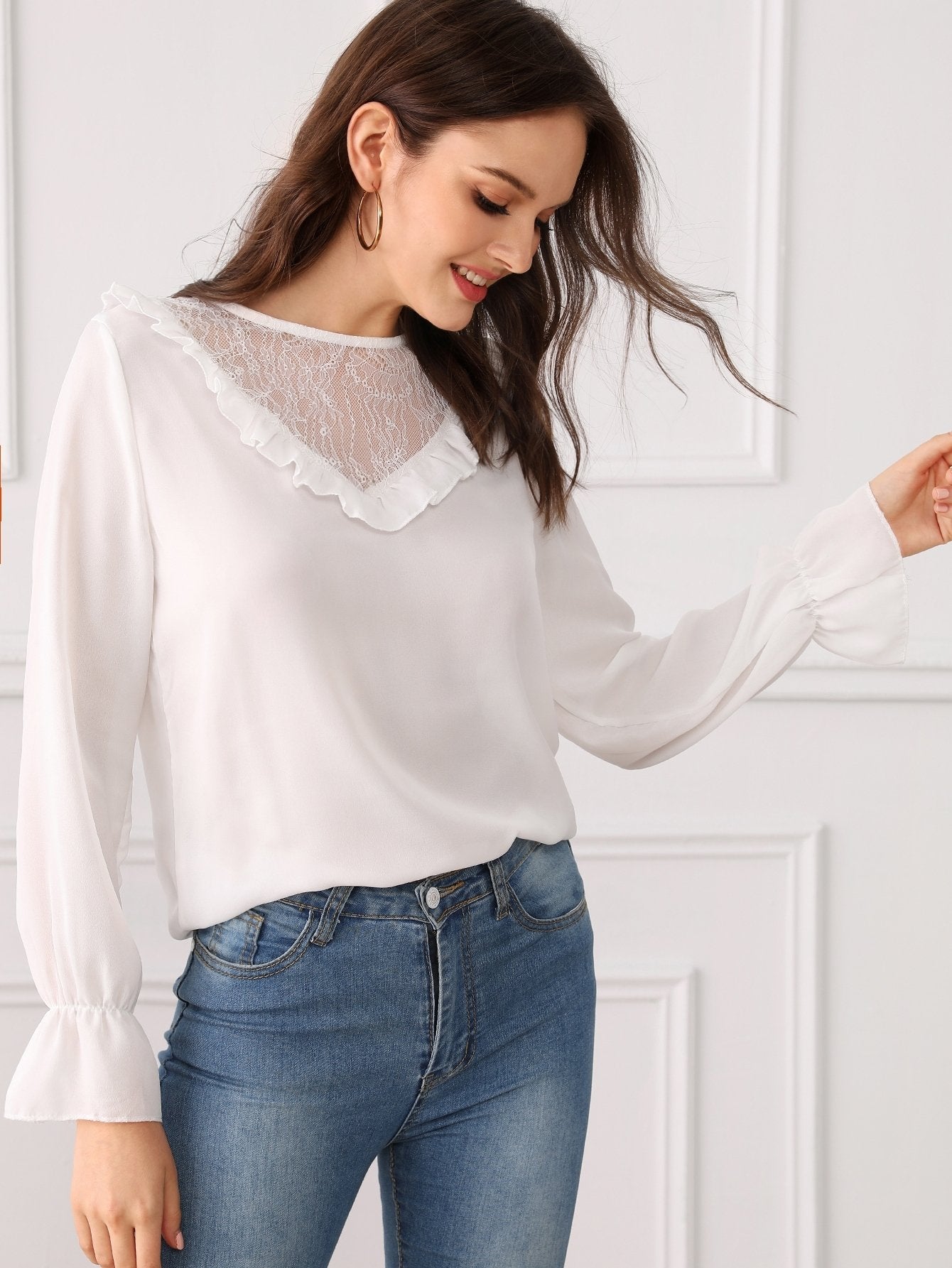 Contrast Lace Frill Trim Flounce Sleeve Blouse