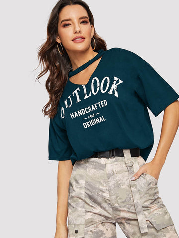 V-cut Neck Letter Graphic Tee