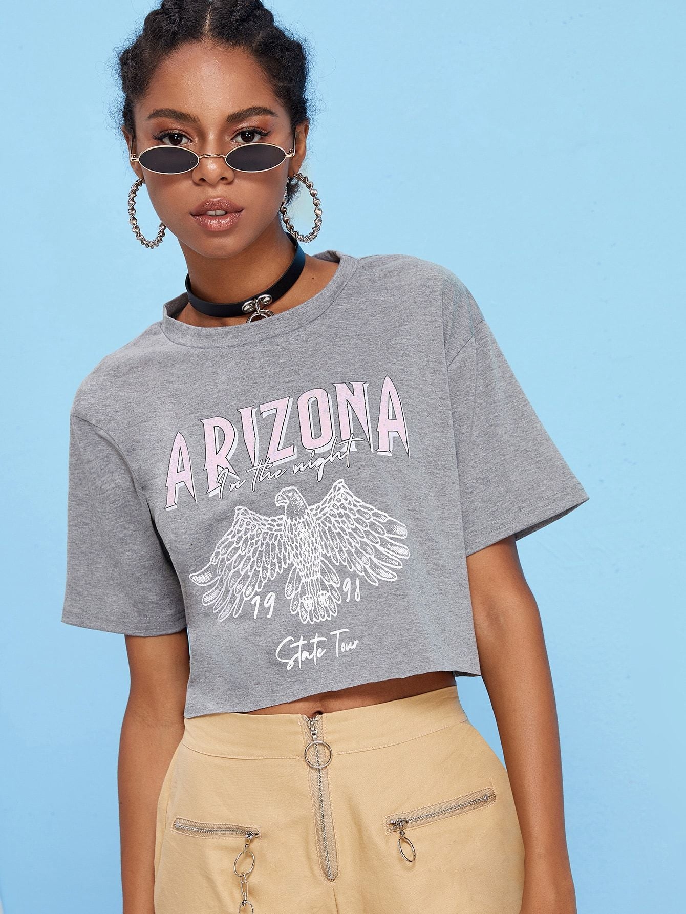 Letter And Eagle Print Crop Tee