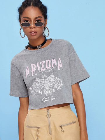 Letter And Eagle Print Crop Tee